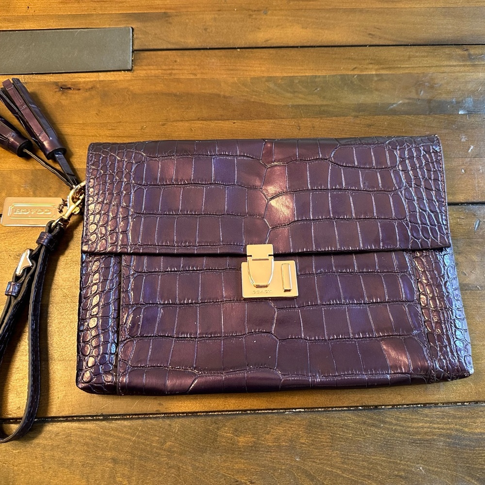 COACH Purple Embossed Leather Reptile Oversized Clutch Mega Wristlet